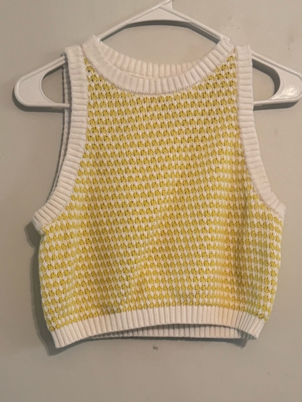Yellow White Knit Crop Sweater Tank Top Women’s Large Cottagecore Preppy Spring
